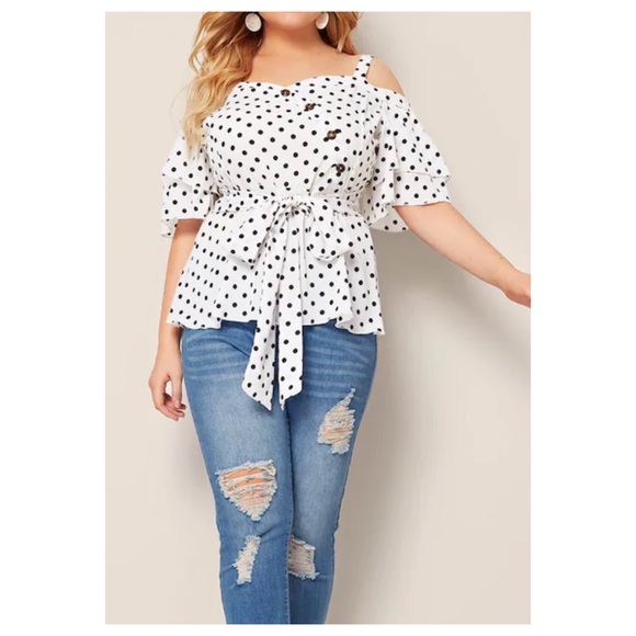 ➕Polka-dot Cold Shoulder Top - Picture 3 of 6